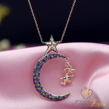 Renkli Taşlı Büyük Ay Yıldız Gümüş Kolye