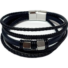 Janti JTSS25DEB1494 Saç Örgü Desen  Deri Çelik Civata Somun Aparatlı Model Siyah Renk Mıknatıslı Kapama Çelik Paslanmaz Renk Atmaz 316L Janti Deri Bileklik