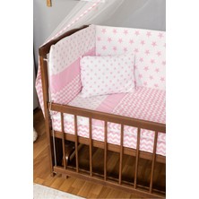 Bamgidoo Ahşap Beşik Anne Yanı Beşik Ceviz 60X120 - Pembe Yıldız Tek Yastık Uyku Seti + Yatak