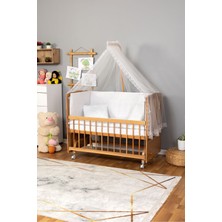 Bamgidoo Ahşap Beşik Anne Yanı Beşik (Vernikli) 60X120 - Beyaz Güpür Uyku Seti + Yatak + Tekerlekli