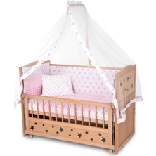 Ahşap Beşik Anne Yanı Beşik Organik (Boyasız) 60X120 - Pembe Yıldız Tek Yastıklı Uyku Seti Yatak