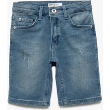 Koton Denim Şort Erkek Çocuk Beli Ayarlanabilir Lastikli Cep Detaylı Slim Fit Desensiz