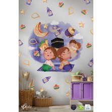 Msticker Ramazan ayını karşılayan sevimli kardeşler özel çizim suluboya tonlarında ramazan sticker seti kabe