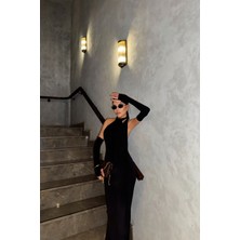 Maggaza Siyah Boyundan Bağlama Detaylı Eldiven Kol Sandy Elbise