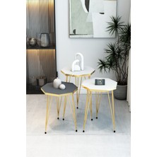 3'lü Sekizgen Zigon Sehpa Seti - Gold Metal Ayaklı, Modern & Şık Yan Sehpa, Dayanıklı Salon Ofis