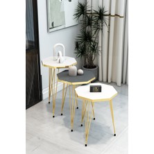 3'lü Sekizgen Zigon Sehpa Seti - Gold Metal Ayaklı, Modern & Şık Yan Sehpa, Dayanıklı Salon Ofis