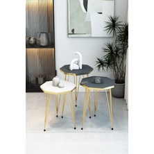 3'lü Sekizgen Zigon Sehpa Seti - Gold Metal Ayaklı, Modern & Şık Yan Sehpa, Dayanıklı Salon Ofis