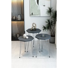 3'lü Sekizgen Zigon Sehpa Seti - Gümüş Metal Ayaklı, Modern & Şık Yan Sehpa, Dayanıklı Salon Ofis