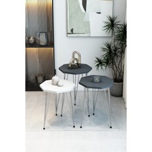 3'lü Sekizgen Zigon Sehpa Seti - Gümüş Metal Ayaklı, Modern & Şık Yan Sehpa, Dayanıklı Salon Ofis