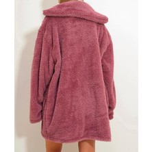 Rose TML Kadın Beyaz Çift Cepli Önü Düğmeli Oversize Peluş Ceket