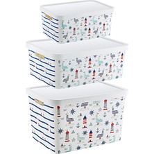 Smartware 3'lü Set Stafi Desenli Kapaklı Kutu Marin (4,5-12-18 Lt)