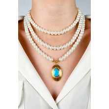 Sose Moda Altın Kaplamalı Uçlu Üç Sıra İnci Tasarım Kolye - Turkuaz