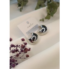Luna Jewelry Kadın Gümüş Renk Bombeli Yarım Ay 316 L Çelik Küpe