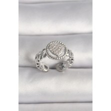 Clariss Pirinç Gümüş Renk Zincir Model Zirkon Taşlı Kalp Model Kadın Yüzük