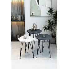 3'lü Sekizgen Zigon Sehpa Seti - Siyah Metal Ayaklı, Modern & Şık Yan Sehpa, Dayanıklı Salon Ofis