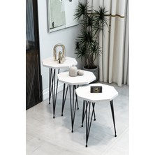 3'lü Sekizgen Zigon Sehpa Seti - Siyah Metal Ayaklı, Modern & Şık Yan Sehpa, Dayanıklı Salon Ofis