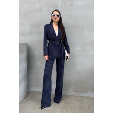 Msm Fashion Kadın Çizgili Kuşaklı Blazer Ceket Pantolon Takım