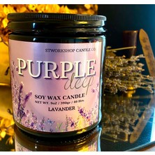 Stworkshop Pureple Deep: Özel Dekoratif Tasarım Lavanta Kokulu Amber Cam Kavanoz Büyük Mum Ahşap Fitil 390GR Doğal Vegan Soya Wax  Mumu