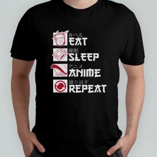 Pixxa Eat Sleep Anime Repeat %100 Pamuklu Bisiklet Yaka T-Shirt Model 1