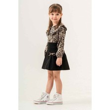 Miniğimin Cicileri Leopar Gömlekli Fiyonk Detaylı Kız Çocuk 2 li takım - Kahve