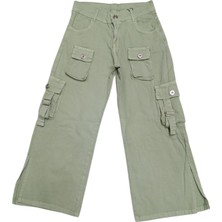 İrem Çocuk Giyim Kız Çocuk Kargo Cepli Cep Detaylı Paçası Yırtmaçlı Su Yeşili Pantolon