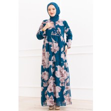 İlkimay.com Çiçek Desen Şifon Elbise 1351 - Indigo