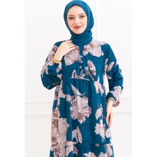 İlkimay.com Çiçek Desen Şifon Elbise 1351 - Indigo