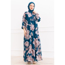 İlkimay.com Çiçek Desen Şifon Elbise 1351 - Indigo