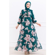 İlkimay.com Çiçek Desen Şifon Elbise 1351 - Zümrüt Yeşili