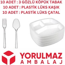 10 Kişilik Kullan At Toplu Yemek Seti 3 Gözlü Köpük Tabak, Çatal, Kaşık