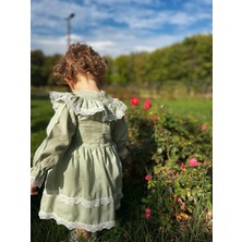 Alyra Kız Çocuk Bebek Uzun Kollu Fırfırlı Dantelli Astarlı Özel Gün Parti Doğum Günü Günlük Keten Elbise ALY0370