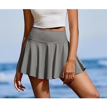 Lady Hazal Gri Yüksek Bel Çift Cepli Tenis Etek Darkalıp Şort Etek Slimfit Spor Etek