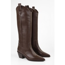 Shoeberry Kadın Meot Kahve Cilt Suni Deri Topuklu Western Çizme Günlük Kullanım İçin Uygun