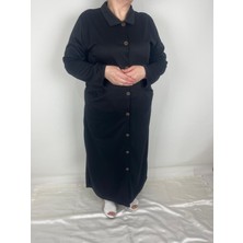 Kadın Siyah Düğmeli Yakalı Uzun Kollu Çift Cepli Uzun Mevsimlik Kap