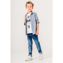 Çizgi Desenli Kot Pantolonlu 3 Parça Erkek Çocuk Gömlekli Takım