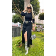 Kadın Uzun Kollu Bisiklet Yaka Yırtmaçlı Kemerli Uzun Çilek Elbise
