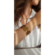 Jewelry O Clock Gold Örgü Desen Kalın Çelik Kelepçe