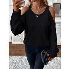 Veramall Kadın Uzun Kollu Omuzlardan Açık Askılı Yuvarlak Yaka Triko Bluz