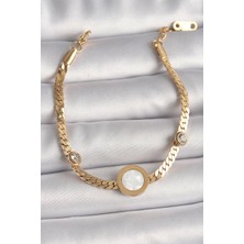 Ezo Concept 316L Çelik Gold Renk Yassı Zincir Model Zirkon Taş Detaylı Beyaz Mineli Madalyon Model Kadın Bileklik