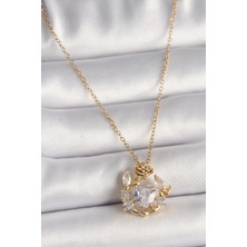 Ezo Concept 316L Çelik Gold Renk Zincir Zirkon Taşlı Kalp Model Gül Detay Kadın Kolye