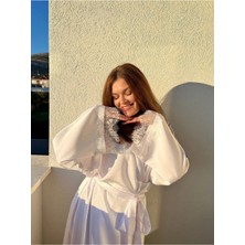 Kolları Dantelli Ipeksi Saten Uzu Gelin Sabahlık