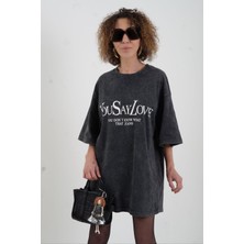Zelish My Sister Antrasit You Say Love Baskılı Soluk Efektli Oversize Tshirt