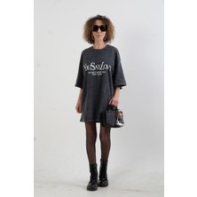 Zelish My Sister Antrasit You Say Love Baskılı Soluk Efektli Oversize Tshirt