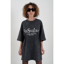 Zelish My Sister Antrasit You Say Love Baskılı Soluk Efektli Oversize Tshirt