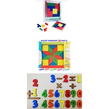 Toy Ahşap Zeka Oyuncakları 3’lü Set - Akıllı Kareler1 - 16 Parça Renkli Tangram Blok - Ahşap Matematik Sayılar Puzzle