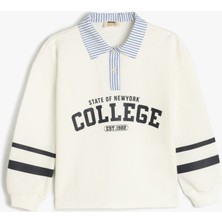 Koton Kadın Uzun Kollu Oversize Gömlek Yaka Sweatshirt Ekru Renk Grafik Desenli