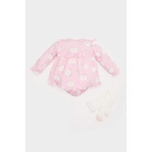 DeFacto 2'li Takım Çiçekli Uzun Kollu Tulum Elbise Çorap Kız Bebek Yenidoğan E2389A525SP