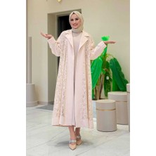 Yakalı Dantel Güpür Detay Abaya 7830 Taş