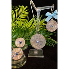 Tasarım Arabam Yaldızlı Renk Nazar Set - 2 Adet Klima Koku & Dikiz Süsü & Bebe Mavi Kurdeleli Anahtarlık