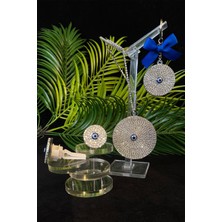 Tasarım Arabam Gümüş Renk Nazar Set - 2 Adet Klima Koku & Dikiz Süsü & Saks Mavi Kurdeleli Anahtarlık